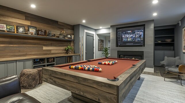 Rustic basement game room with pool table, entertainment center, and fireplace