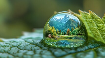 Close-up of a water droplet reflecting mountains and forest on a leaf in a serene natural setting