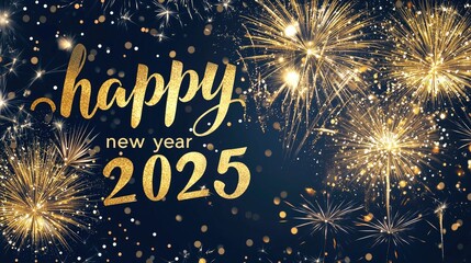 Golden "happy new year 2025" on dark background New Year with fireworks. New Year's Eve Celebration. Golden fireworks in the dark night sky