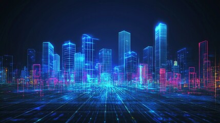 Cyberpunk Abstract Cityscape with Glowing Neon Skyline and Futuristic Grid Patterns
