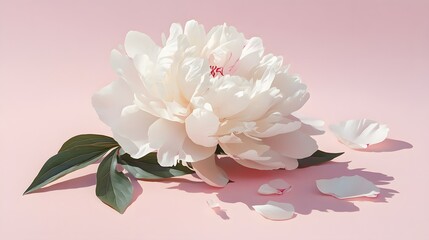 White peony flower in full bloom with delicate petals on a soft pink background