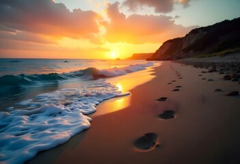 Sunset Stroll Along the Tranquil Beach With Soft Waves and Footprints Marking the Golden Sand
