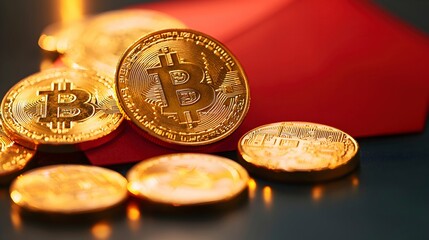 Golden Bitcoin Coins on Red Background