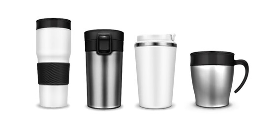 Tumbler cup mockup collection with stainless steel and white metallic designs. Various travel beverage containers with different handles, lids and heat protection bands. Reusable drink carriers.