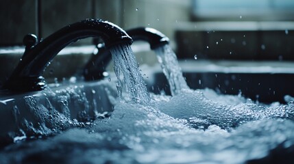 Close-up of water flowing from chrome faucets into a bathtub filled with bubbles, creating a soothing and tranquil atmosphere.