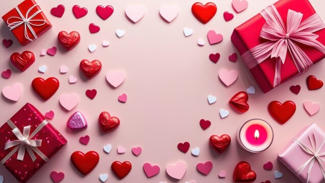 Valentine's Day Poster with cute heart and Valentines day gift box on pink background. Promotion and shopping template for love and Valentine's day concept.
