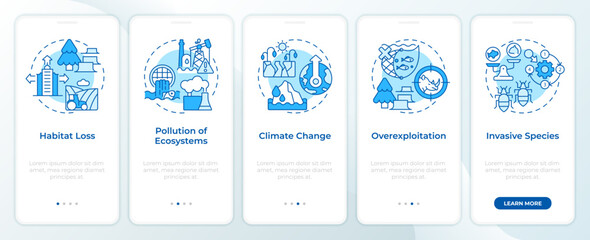 Major causes of biodiversity loss blue onboarding mobile app screen. Walkthrough 5 steps editable instructions with linear concepts. UI, UX, GUI template. Montserrat SemiBold, Regular fonts used