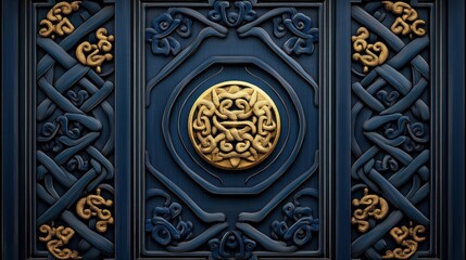 Obraz premium Elegant Door Featuring Striking Gold and Blue Design Surrounded by Intricate Patterns Exuding Luxury and Artistic Flair in a Grand Architectural Setting