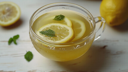 Refreshing lemon and mint tea in a glass cup on a white wooden table.