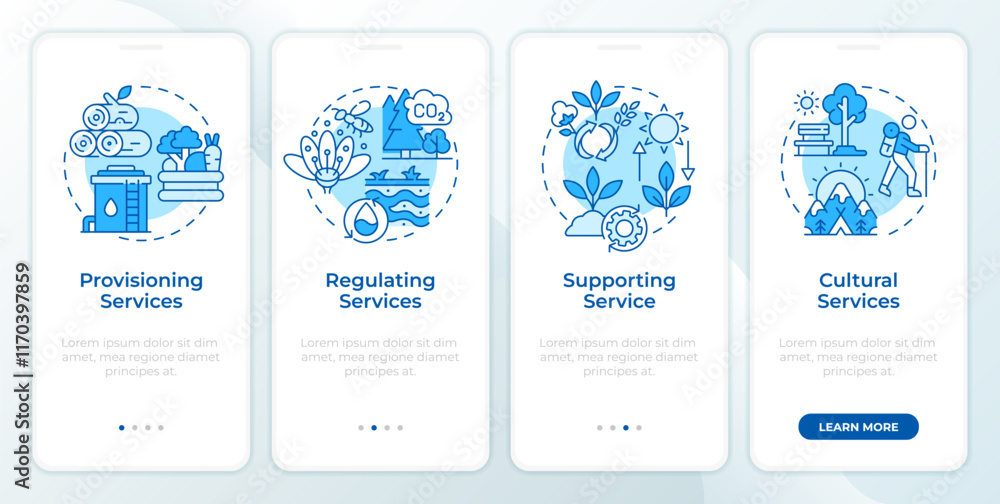 Poster ecosystem services blue onboarding mobile app screen. walkthrough 4 steps editable graphic instructi
