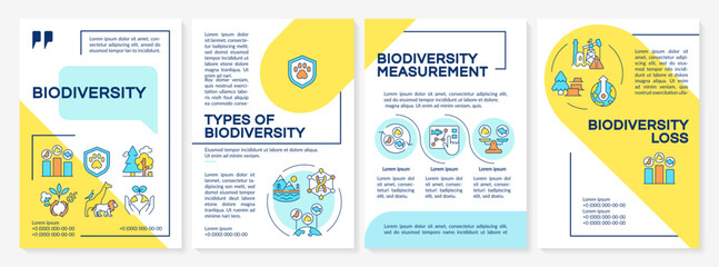 Biodiversity blue and yellow brochure template. Causes of biodiversity loss. Ecosystems. Leaflet design with linear icons. Editable 4 vector layouts. Lato, Questrial-Regular fonts used © bsd studio