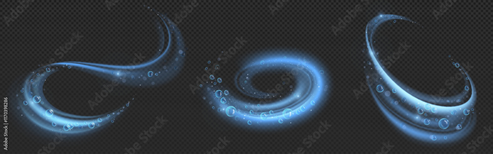 Wall mural Luminous bubble swirl effects in blue color with transparent spheres along curved paths. Glowing spiral trails with floating orbs. Magical underwater fantasy whirlpool elements with detergent foam.