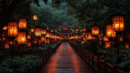 Fototapeta premium Long Wooden Walkway Leading into Tranquil Forest Surrounded by Lush Greenery Inviting Visitors to Explore Nature and Experience Peaceful Retreats