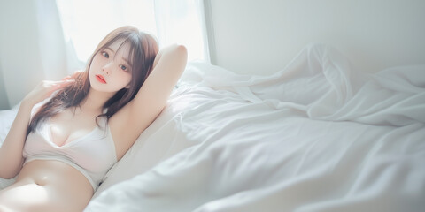 朝、寝起きにくつろぐ女性。写真風素材。