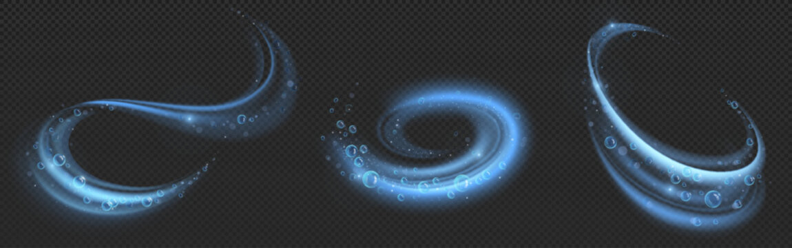 Luminous bubble swirl effects in blue color with transparent spheres along curved paths. Glowing spiral trails with floating orbs. Magical underwater fantasy whirlpool elements with detergent foam.