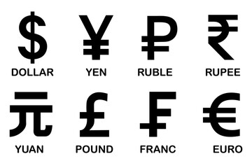 Collection of most popular currency symbol isolated on white background. Currency signs: dollar, yen, ruble, rupee, yuan, pound, franc and euro. Simple design of the most popular currency. Banknotes.