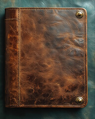 Classic brown leather portfolio with textured surface and brass snaps