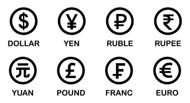 Collection of most popular currency symbol isolated on white background. Currency signs: dollar, yen, ruble, rupee, yuan, pound, franc and euro. Simple design of the most popular currency. Banknotes. 