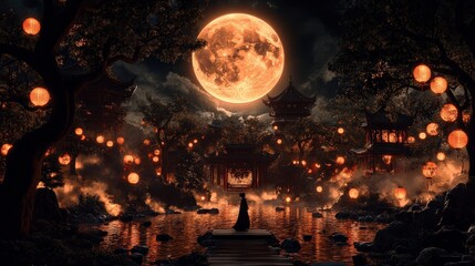 Naklejka premium A Tranquil Evening in a Park with a Solitary Person Sitting on a Bench Bathed in Soft Moonlight Under a Full Moon Surrounded by Nature