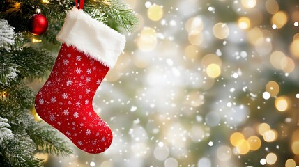 Red Christmas Stocking Hanging On A Snowy Tree