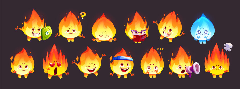 Cute flame mascot emotions and actions set - fiery character brave with shield, confused and sleeping, reading book, with happy and upset expressions. Kawaii burning personage displaying feelings.