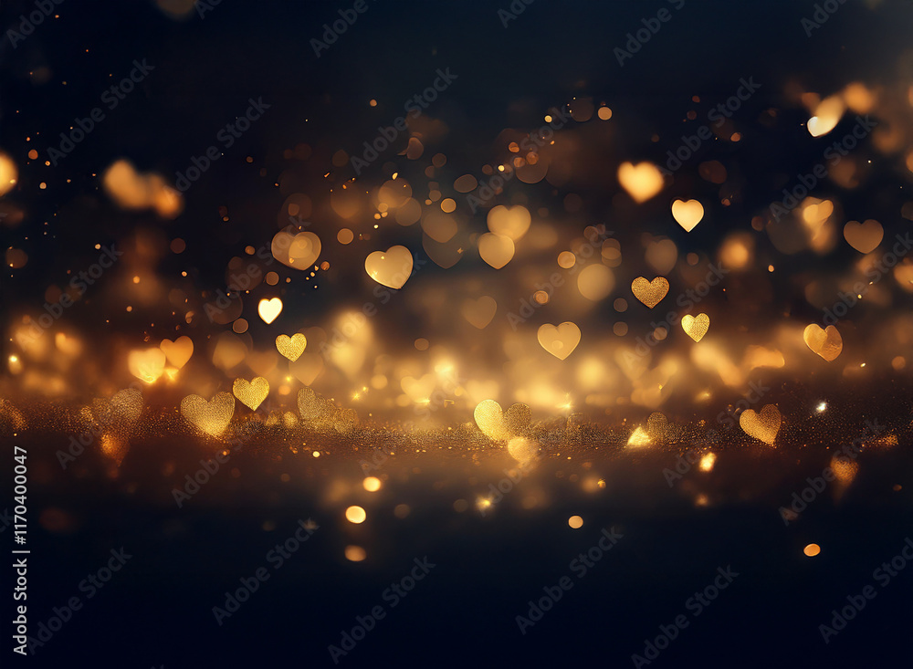Poster golden heart-shaped bokeh lights sparkle on a dark background, creating a romantic and magical atmos