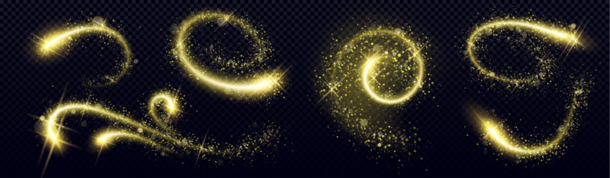 Gold glitter spiral collection with bright sparkle trails and magical stardust effects. Luminous curved paths with twinkling particles and radiant swirls for holiday decoration or enchanting design.