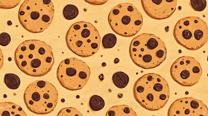 Obraz premium A delightful pattern of freshly baked chocolate chip cookies on a golden background.