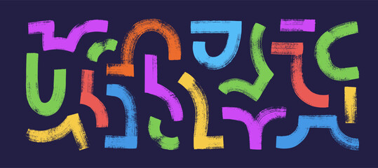Collection of colorful hand drawn bold brush strokes, curved thick lines and arches. Vector grunge geometric elements. Naive playful abstract shapes in doodle grunge style. Elements for collages.