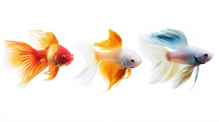 Fototapeta premium Three beautifully colored goldfish swimming gracefully against a white background.