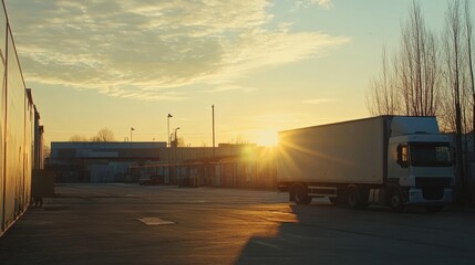Photograph of trucks parked in front of an industrial building at sunset.