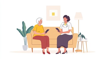Photo of elderly woman on sofa with nurse caring for elderly, support, home care, health care and advice via mobile app.
