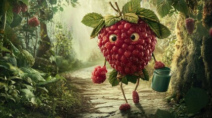 Raspberry in the form of women walk along the path of a fairy tale forest. She carries a jug of water with her. Her head is made of one big raspberry