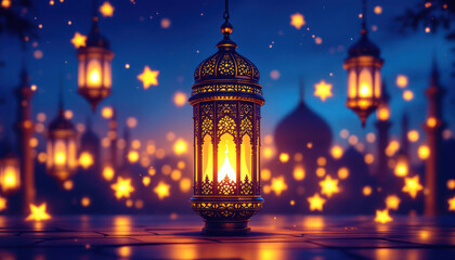 Obraz premium Glowing Ramadan lantern surrounded by festive stars and illuminated mosque silhouettes at night