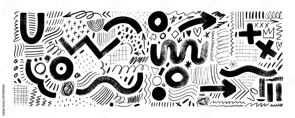 Poster set of brush drawn abstract geometric shapes, squiggles and scribbles. hand drawn memphis elements, 