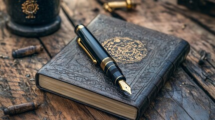 A luxurious black fountain pen rests on an ornate leather-bound notebook, evoking creativity and elegance.