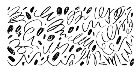 Collection of crayon drawn squiggles, curly lines and dots. Hand drawn curly strokes for notes, childish style design. Simple scribbles, doodle rough lines, dots and squiggles. Vector ink elements.