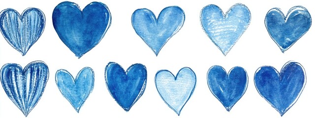 Hand drawn blue heart shape photo set on white background.