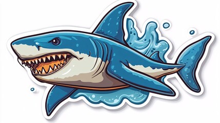 Obraz premium A vibrant, cartoon-style illustration of a blue shark swimming through waves, showcasing sharp teeth and a playful expression.