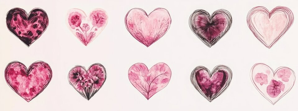 Hand drawn pink heart shape photo set on white background.