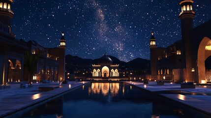 Obraz premium Breathtaking mosque illuminated at night, showcasing intricate architectural details under a starry sky during Ramadan celebrations.