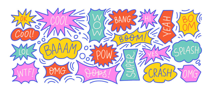 Funky speech bubbles with comic words and explosion bomb effect, splash, exclamation. Y2k style stickers, talk balloons with pow, boom, omg, baam, lol, cool, oops text. Colorful vector speech bubbles.