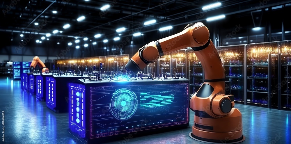 Aufkleber automated robotic assembly: futuristic factory scene with illuminated units