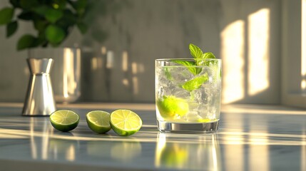 A refreshing cocktail with mint and lime sits on a marble countertop in soft sunlight.