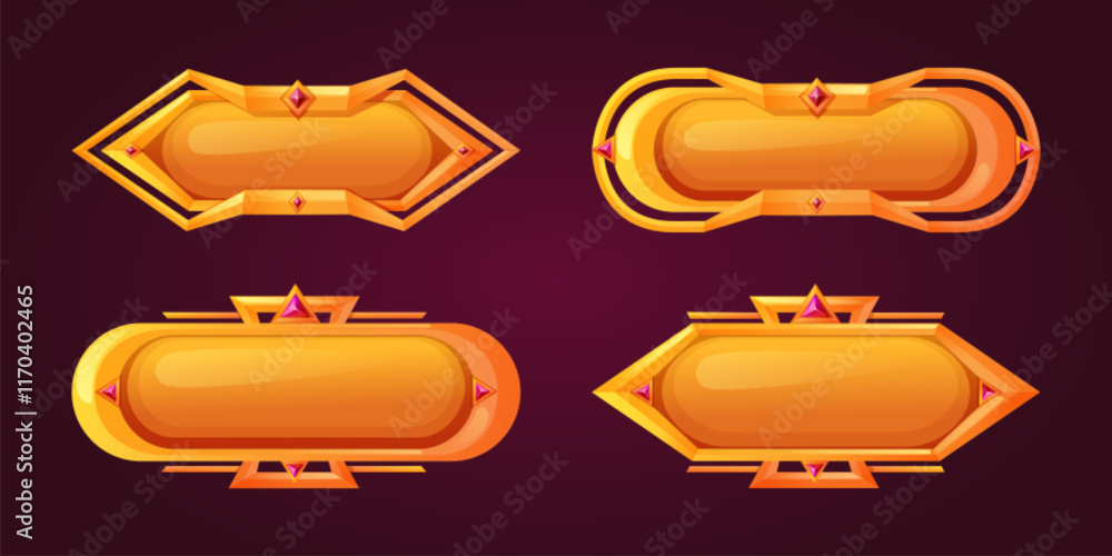 Poster game button magic collection - golden frames with ruby gem accents. fantasy interface elements with 