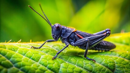 Fototapeta premium Tiny Black Grasshopper on Vibrant Green Leaf - Macro Nature Stock Photo