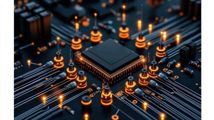 Intricate Circuit Board Design Featuring Colorful Lights Illuminating the Connection Paths in a Futuristic and Technologically Advanced Environment