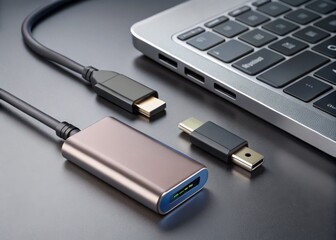 Fototapeta premium USB-C to USB Adapter: Connecting Older Devices to Modern Laptops on Gray Background