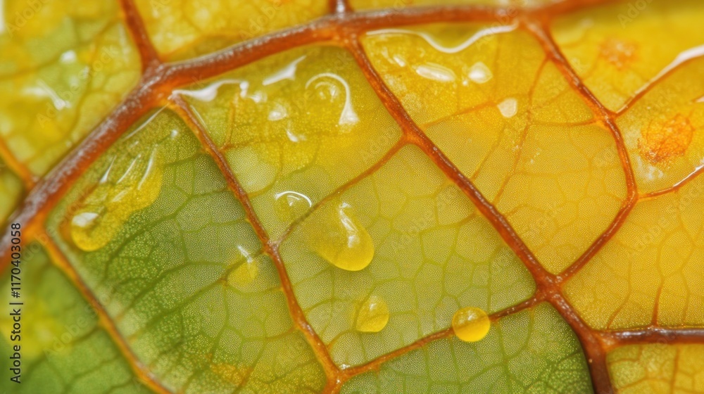 Poster close-up of a leaf with water droplets, showing intricate vein structure and color gradient from yel