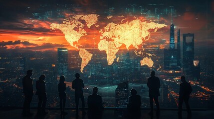 Plakat Global Business Vision - City Skyline with World Map Projection